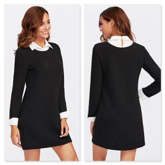 Faux Undershirt Black Textured Mini A-Line Dress - Picture 3 of 8